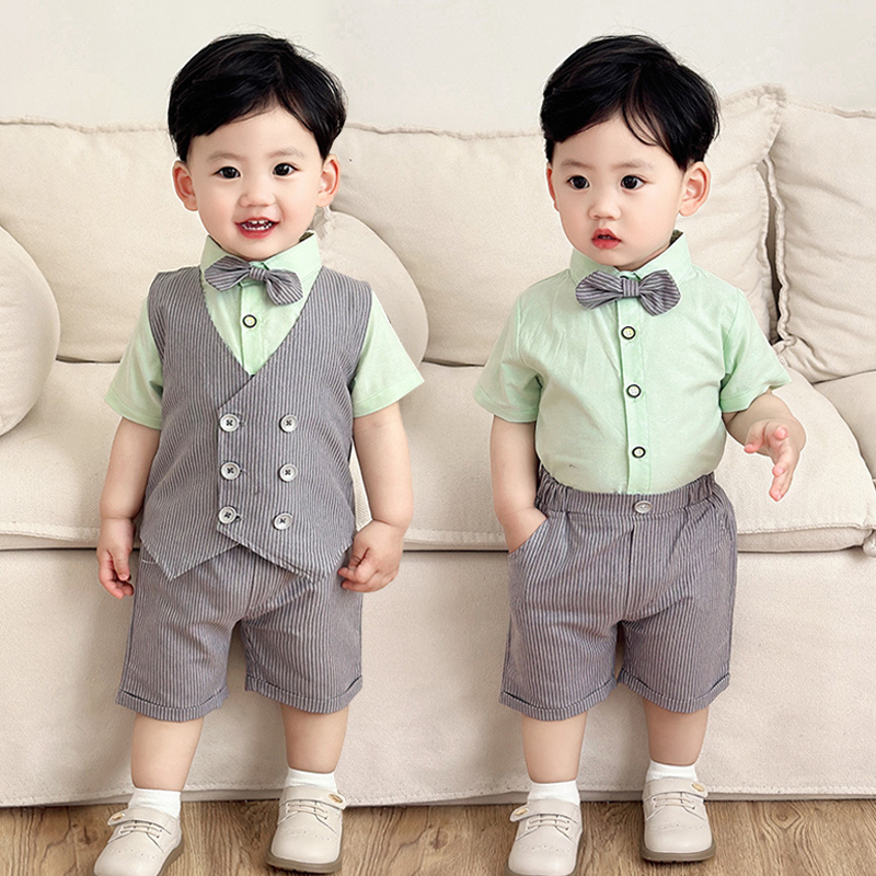 夏季男宝宝周岁礼服男童小西装马甲套装英伦风儿童抓周宴生日衣服