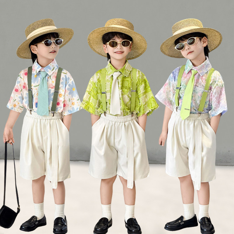 男童小西装套装夏季短袖背带裤帅气时髦儿童礼服男孩幼儿园演出服