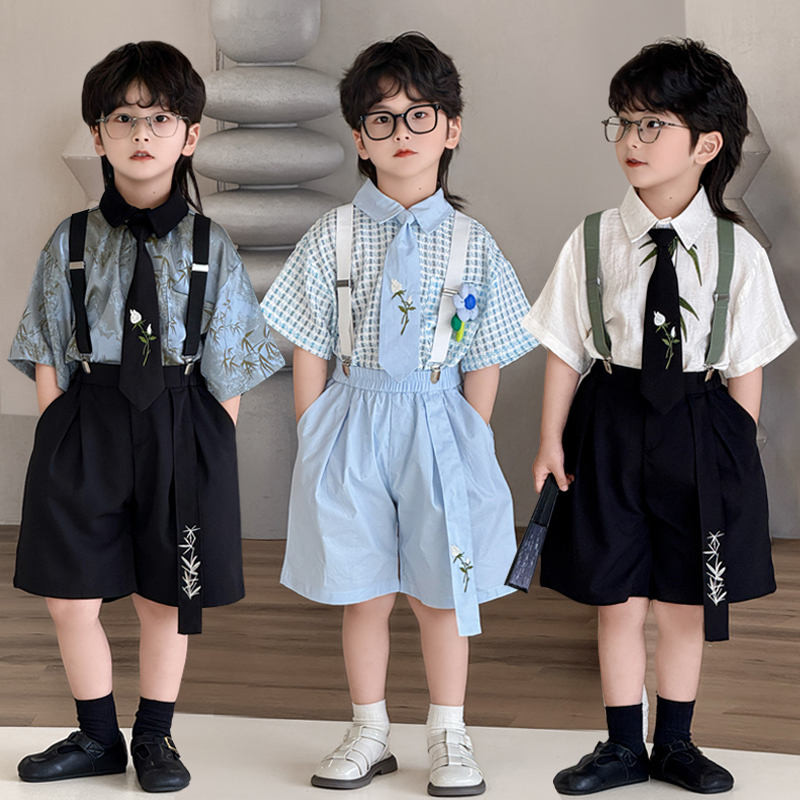 儿童主持人礼服夏季男童小西装背带裤套装高级感幼儿园拍照演出服