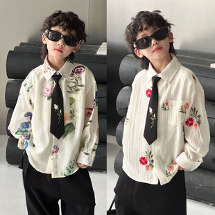 男童长袖衬衣韩版高级感儿童休闲花衬衫领带2025秋新款痞帅男宝潮