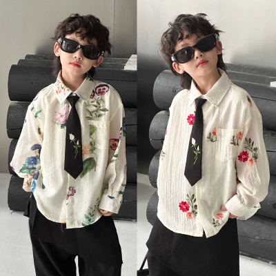 男童长袖衬衣韩版高级感儿童休闲花衬衫领带2025秋新款痞帅男宝潮