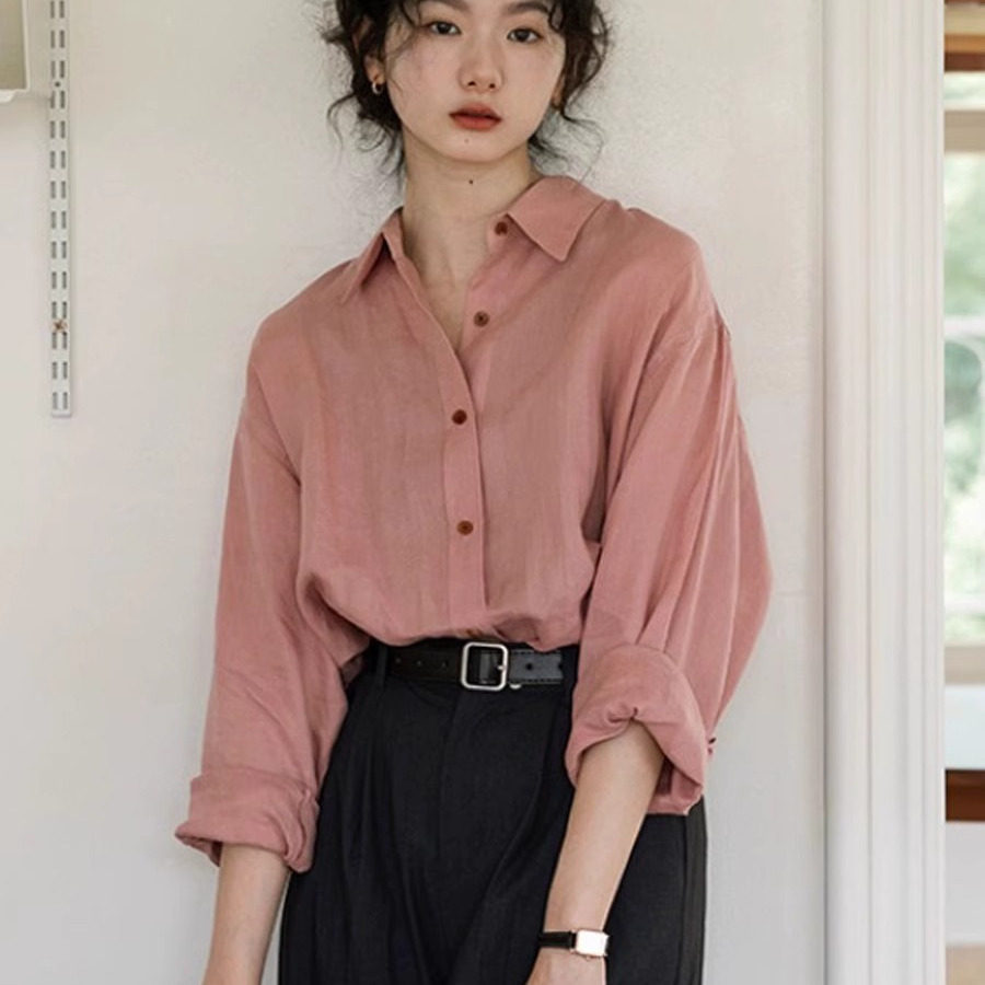 2026春季新款韩系玫瑰粉长袖衬衫女宽松慵懒风复古港味法式上衣