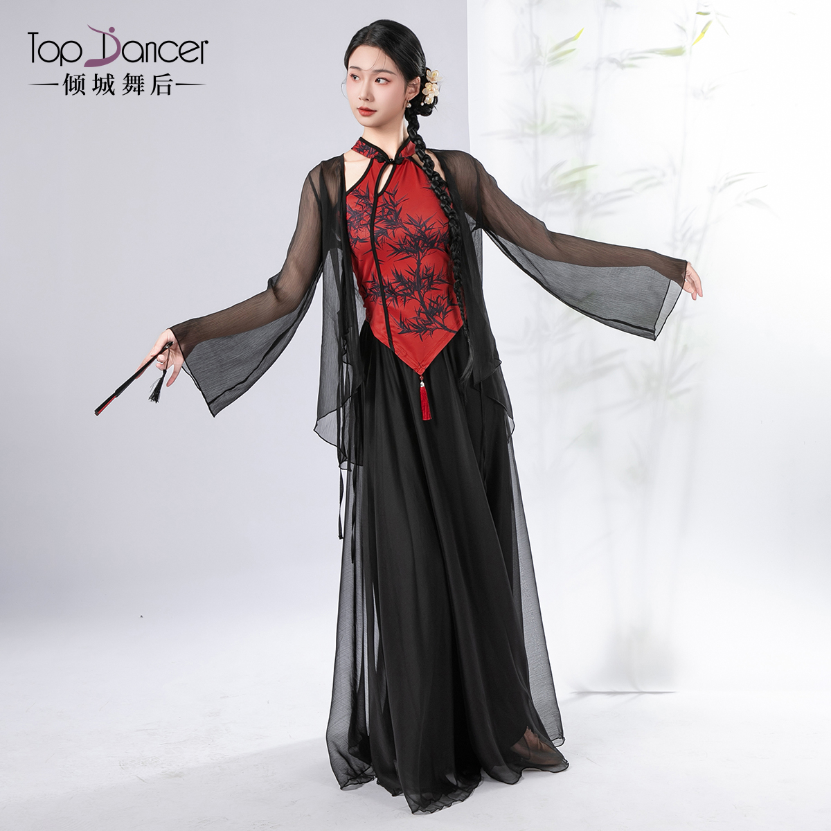 黑色红色旗袍女衣古典舞蹈服装