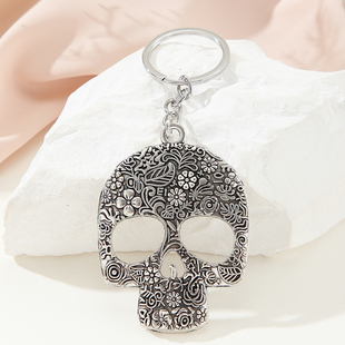 创意卡通花纹骷髅头钥匙扣 万圣节惊悚幽默搞怪锌合金送人小礼品