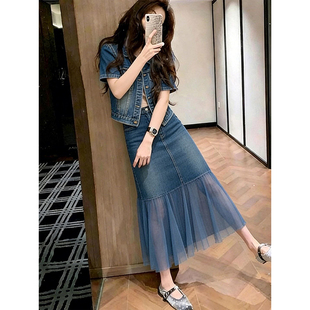 夏季时尚休闲套装女2026新款减龄牛仔马甲短外套网纱半身裙两件套