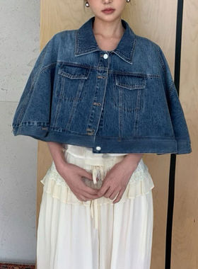 复古蓝色斗篷式牛仔短外套女款宽松水洗做旧翻领减龄纽扣休闲上衣