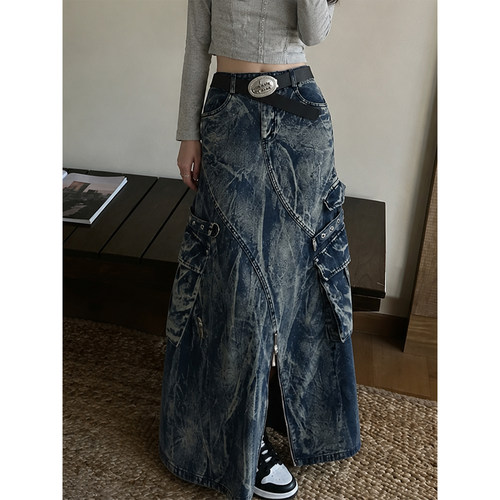 Y2K千禧水洗做旧牛仔裙女设计感不对称口袋拉链开叉机能风半身裙
