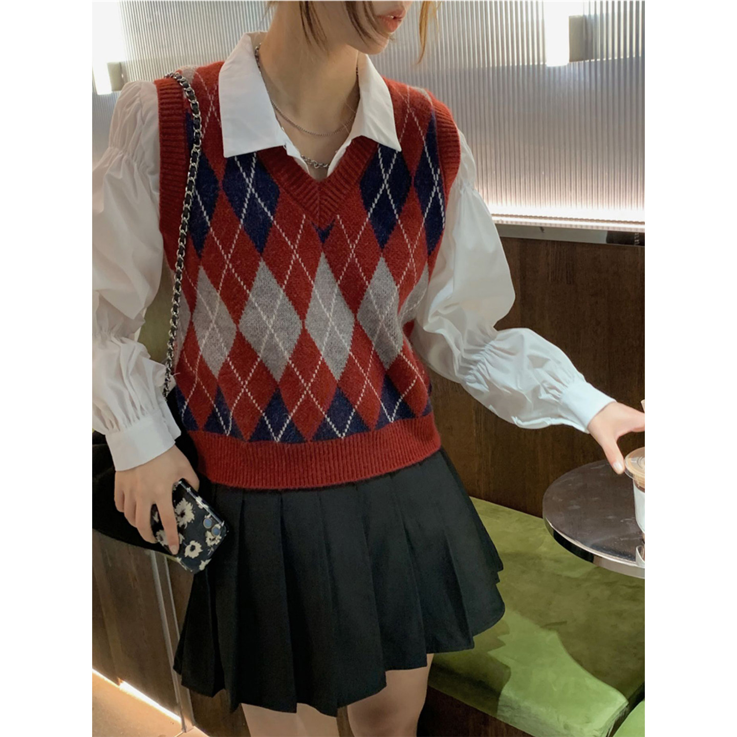 韩系慵懒风菱格马甲女春秋外搭宽松显瘦叠穿神器无袖针织衫上衣潮图片