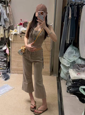 美式复古辣妹套装女夏卡其色吊带微喇牛仔裤高腰显瘦显高两件套潮