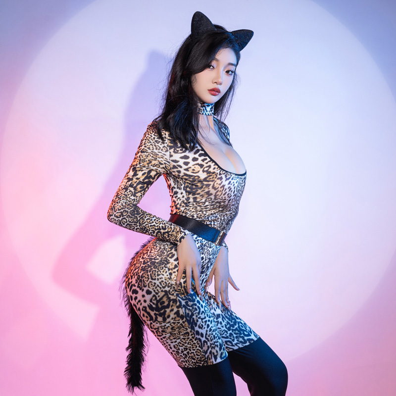 性感豹纹拼接连体衣女长袖制服连衣裤辣妹紧身诱惑塑身连体长裤