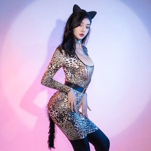 性感豹纹拼接连体衣女长袖制服连衣裤辣妹紧身诱惑塑身连体长裤