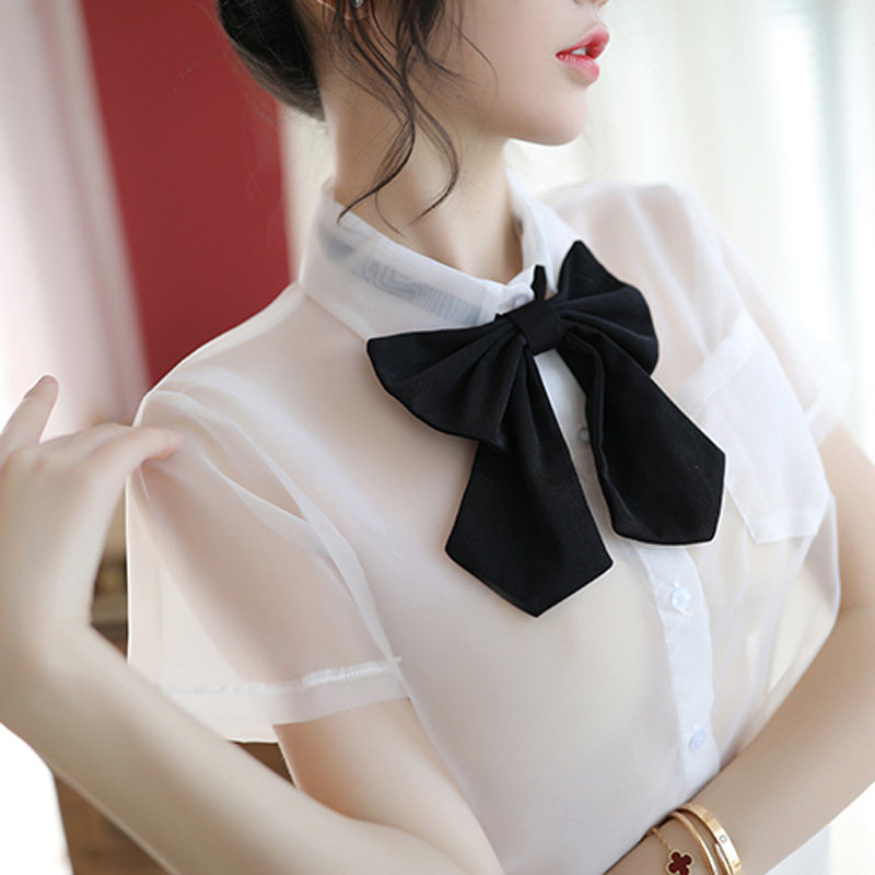 섹시한 나이트클럽 여성복 귀여운 여성용 투명 상의 짧은 스커트 정장 유니폼 리본이 달린 유혹 벨트