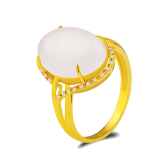 念玉珠宝18k黄金镶玉戒指和田玉指环羊脂玉白玉蛋面钻石镶嵌女戒