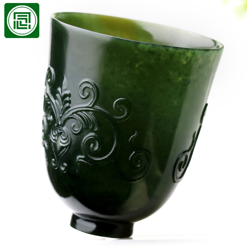 念玉新疆和田玉杯子玉石夜光杯茶天然青玉酒杯超薄胎仿古花纹单杯