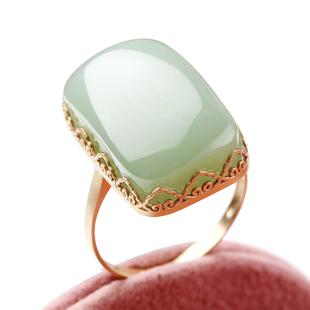 念玉18K黄金镶玉婚戒钻镶嵌和田玉鸭蛋青天然碧玉戒指方块玉女款