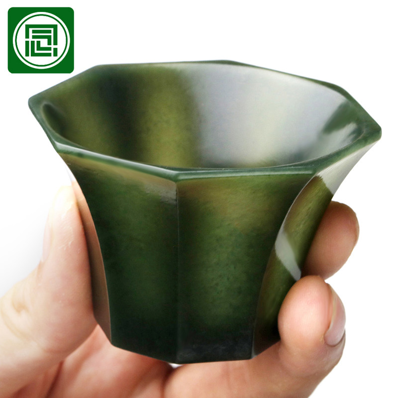 念玉新疆和田玉杯子玉石茶杯天然黑青玉酒杯超薄夜光杯八角杯单杯