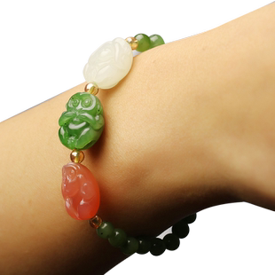 念玉和田玉手链女款三不猴玉石手串多宝天然白玉碧玉玛瑙圆珠手链