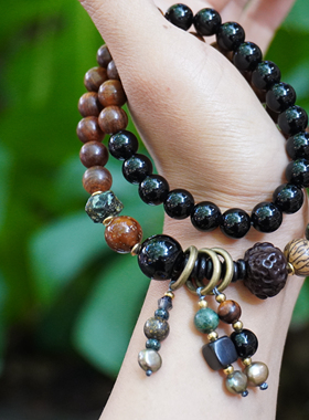 原创花梨木黑曜石菩提子叠戴手串 中性复古手串 男生手链