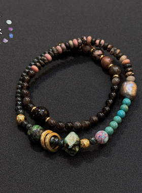 一安手作 原创手工天然石进口琉璃米珠双圈叠戴手链项链 个性手链