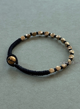 原创手作 黄铜编绳细手绳细手链 中性复古铜珠手绳手链 叠搭手绳