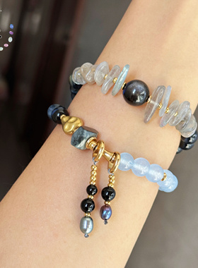 原创手作 天然蓝虎眼石月光石海蓝宝手串 设计师款 按手围定制