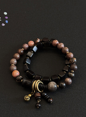 一安手作 天然石黑檀木粉色双圈叠戴手链 中性复古手串