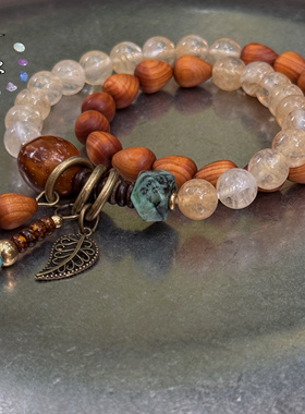 一安手作 原创黄水晶崖柏木双圈叠戴手链 个性小众手链