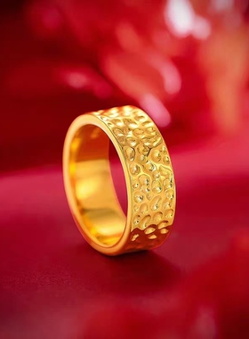 越南沙金戒指女久不掉色捶打纹镀金指环男黄金色碎冰冰情侣戒指