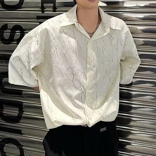 英伦雅痞男装冰丝褶皱肌理感衬衫夏季薄款理发师设计感宽松短袖男