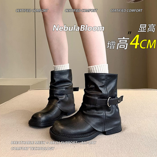 牛仔靴 管靴女真皮气质短靴显瘦圆头时装 牛皮版 复古欧美风褶皱裤