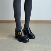 英伦风皮带扣乐福鞋 女新款 圆头小皮鞋 牛皮版 一脚蹬黑色高跟单鞋