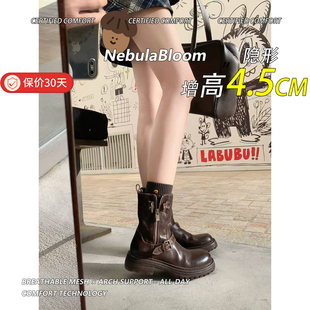 马皮版 复古英伦圆头厚底皮带扣骑士靴粗跟马皮圆头双扣带小短靴