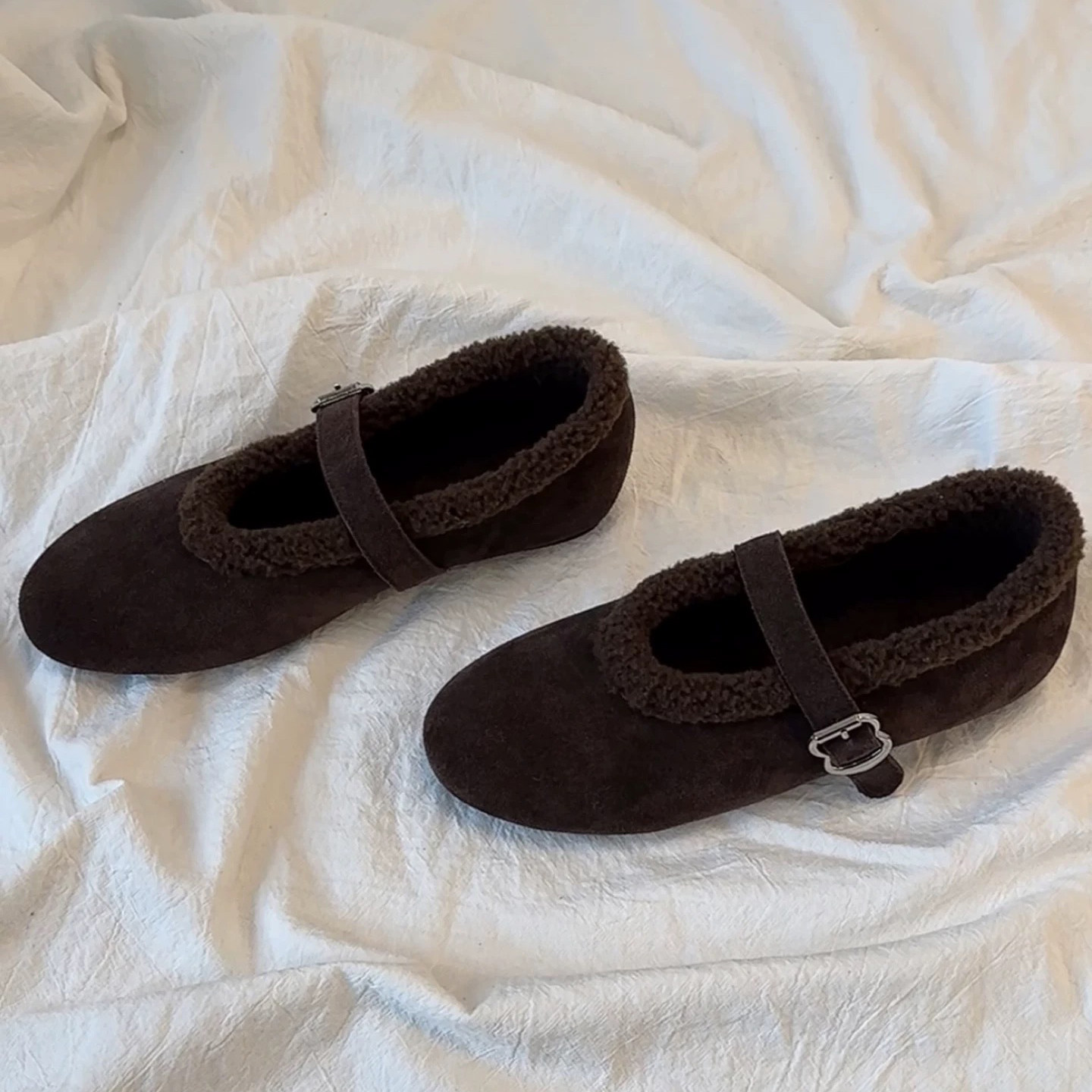 羊毛版！复古一字带毛呢玛丽珍鞋