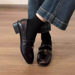 乐福鞋 女复古一字扣圆头粗跟小皮鞋 英伦风山茶花玛丽珍鞋 牛皮版