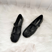 内增高5CM方头菱格单鞋 女2026新款 法式 牛皮 黑色丁字扣带玛丽珍鞋