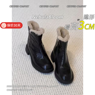 羊毛版 侧拉链毛毛马丁靴瘦瘦靴 韩系圆头粗跟加绒短靴女秋冬新款