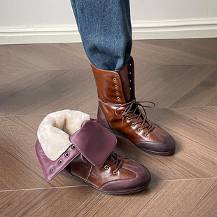 羊毛版 加绒保暖雪地靴马丁靴棉靴 英伦复古圆头拼接拳击靴女冬季