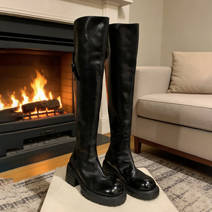 敲显高~6cm厚底褶皱过膝长靴女圆头粗跟高筒骑士靴弹力长筒瘦瘦靴