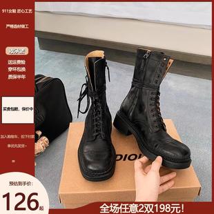 走秀款 英伦风雕花圆头马丁短靴女侧拉链绑带百搭显瘦机车骑士靴