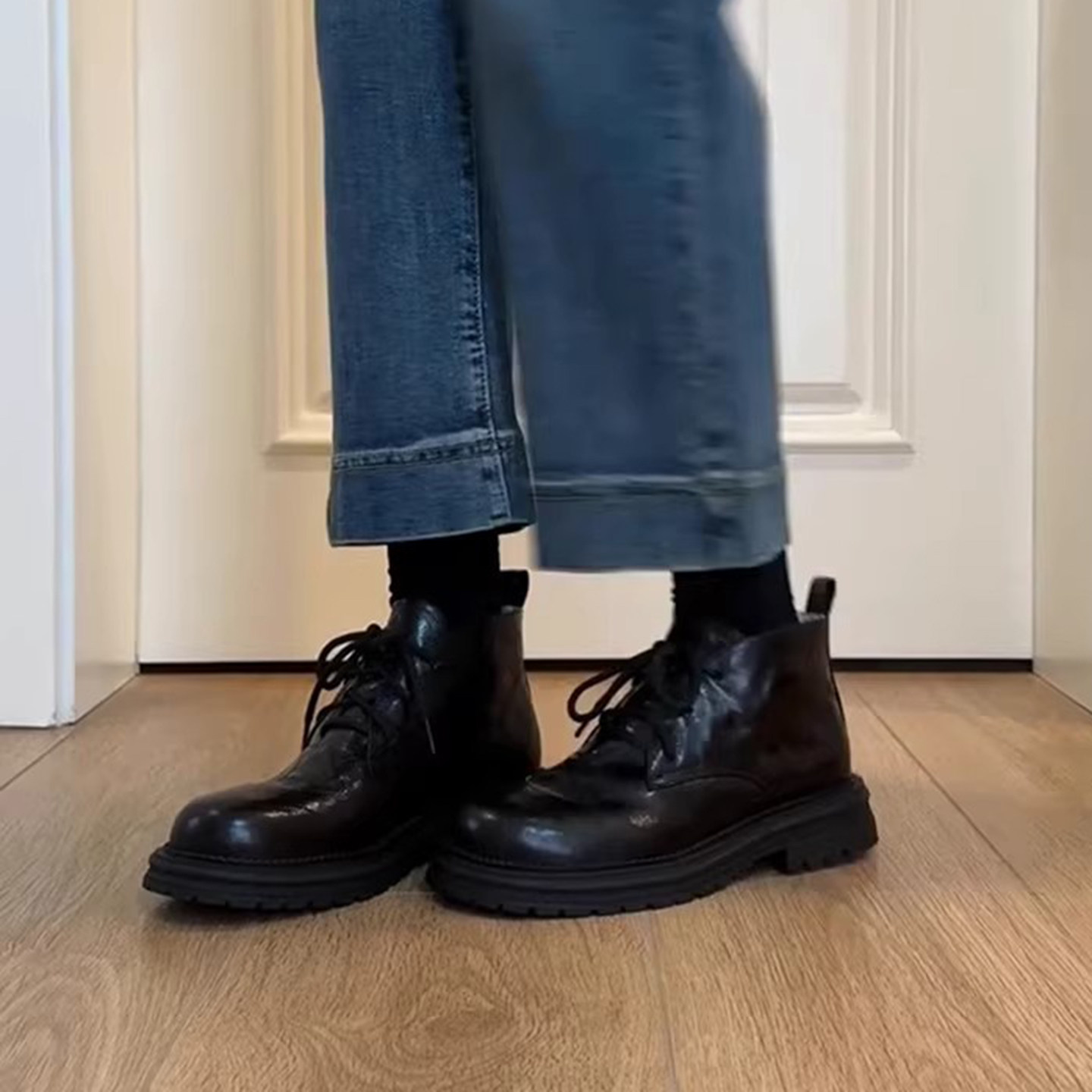 牛皮~英伦复古圆头及踝靴女新款百搭系带时装靴简约黑色粗跟短靴,女鞋,时装靴,淘宝优惠券,粉丝福利购,淘宝优惠卷