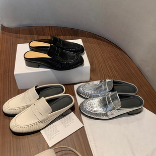 牛皮版~4cm粗跟增高褶皱一脚蹬乐福鞋女英伦风厚底穆勒包头半拖鞋