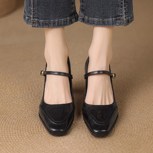 气质不累脚玛丽珍鞋 牛皮款 女粗跟高跟鞋 绝美方头一字扣单鞋 法式