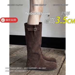 牛皮 内增高绒面堆堆靴女宽筒显瘦修饰腿型不过膝长靴平底骑士靴