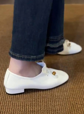 牛皮版~圆头蝴蝶结乐福鞋女2025新款舒适小皮鞋通勤粗跟单鞋