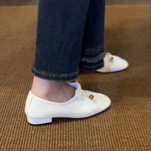 通勤粗跟单鞋 牛皮版 舒适小皮鞋 女2025新款 圆头蝴蝶结乐福鞋
