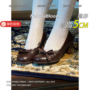 女复古圆头粗跟百搭通勤外穿浅口单鞋 牛皮版 英伦风蝴蝶结高跟鞋