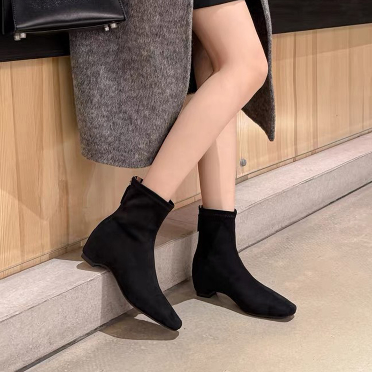 羊皮版~小个子内增高加绒短靴女冬季简约风弹力瘦瘦靴粗跟马丁靴