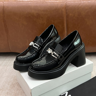 休闲单鞋 牛皮 时尚 女通勤一脚蹬乐福鞋 英伦风厚底粗跟黑色小皮鞋