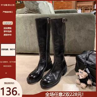 筷子腿 真皮厚底高筒骑士靴女英伦棕色不过膝长靴显瘦粗跟长筒靴