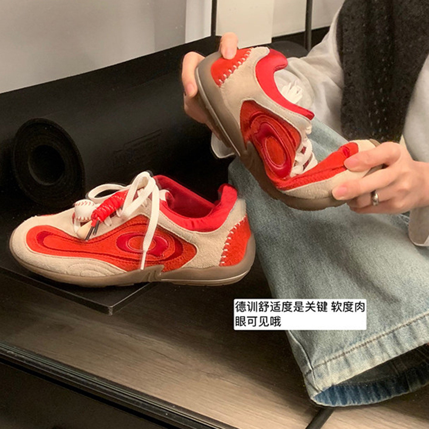 羊皮版~真皮复古棒球绳拼色阿甘德训鞋女休闲运动低帮板鞋赛车鞋